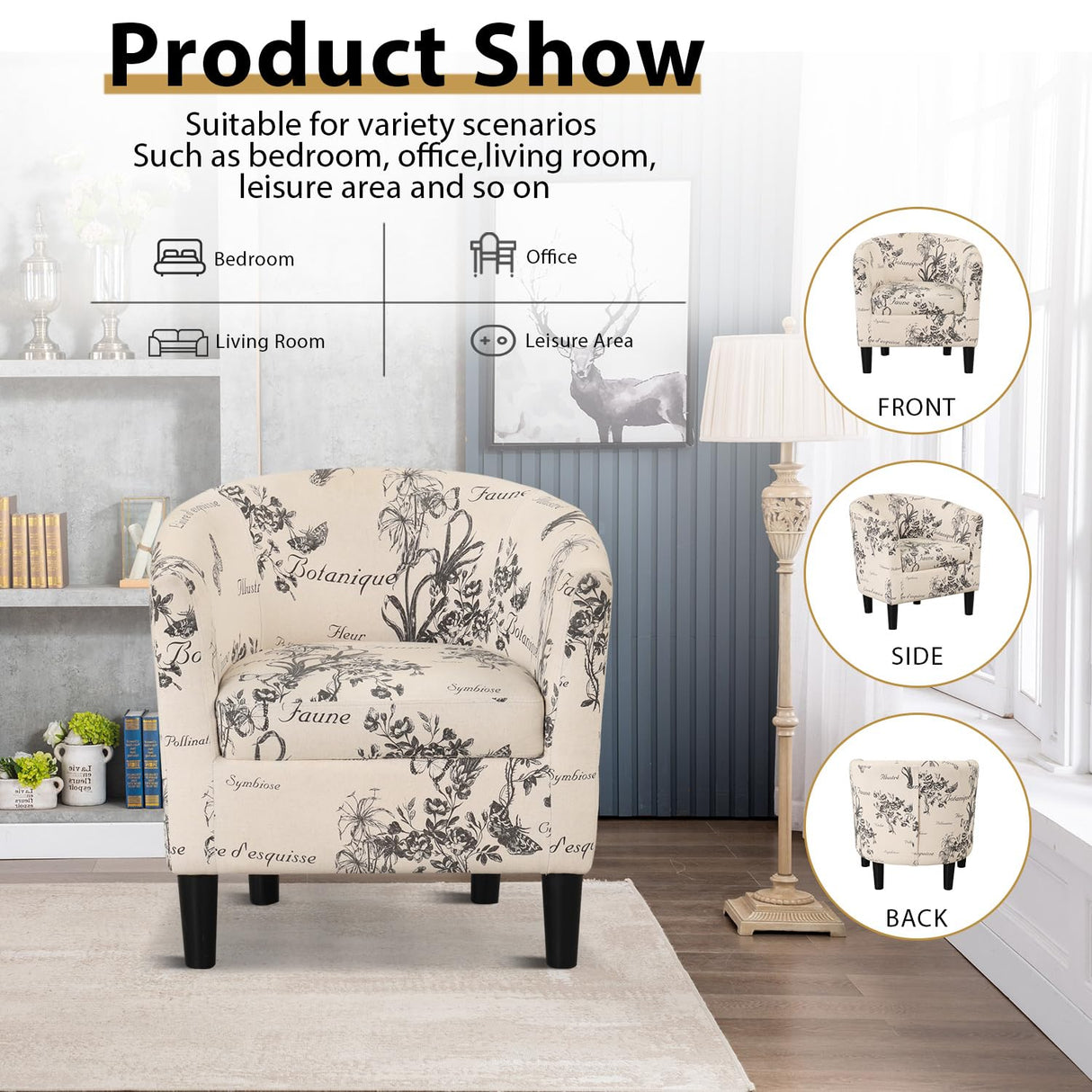 INZOY Modern Accent Chair with Ottoman for Small Space, Club Chair with Ottoman Set, Comfy Fabric Barrel Reading Chairs for Living Room Bedroom, Round Reading Chair with Foot Rest, Flower Pattern INZOY