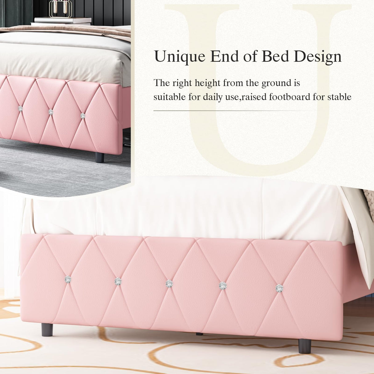 HOMBCK Queen Bed Frame, Upholstered Bed Frame Queen Size with Diamond Tufted Headboard, Faux Leather Headboard & Footboard, Wooden Slats Support, No Box Spring Needed, Easy Assembly, Pink HOMBCK