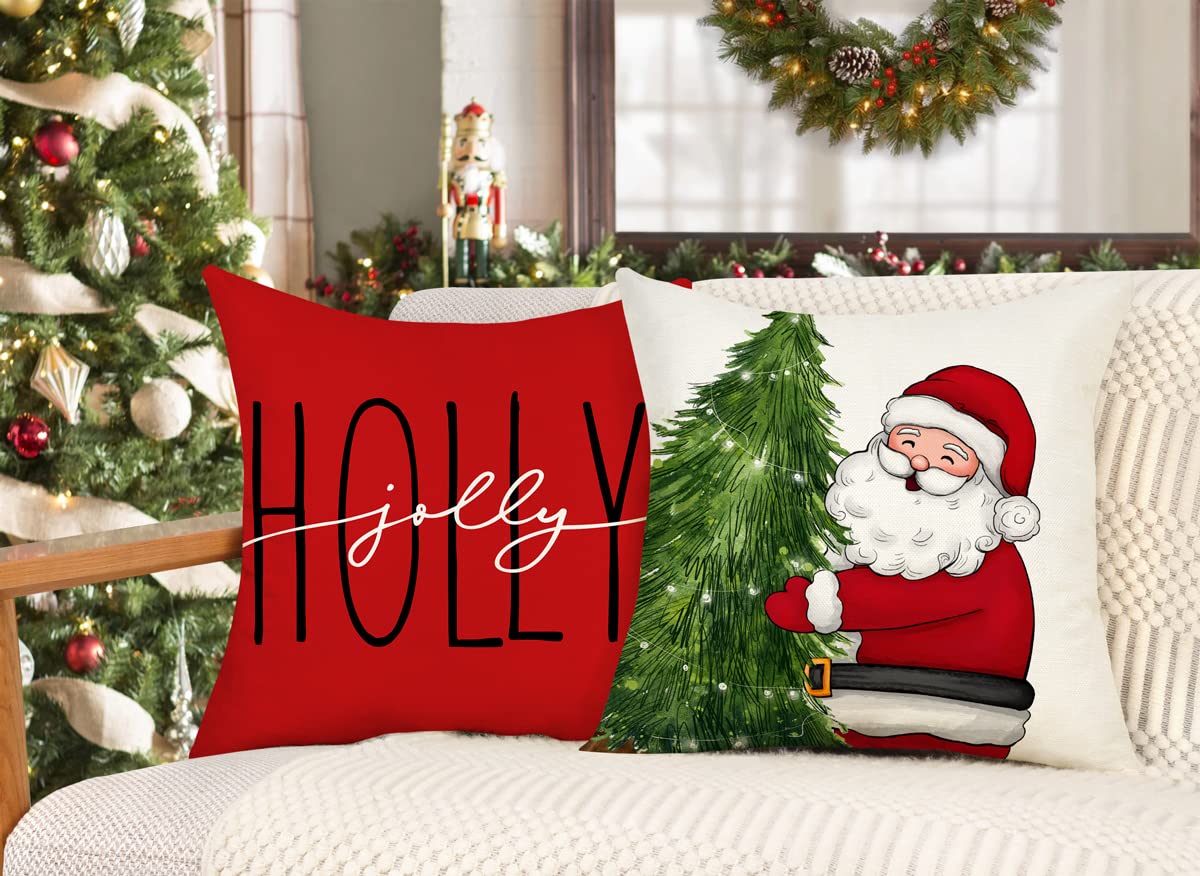 Red Christmas Pillow Covers 18x18 Set of 4 Farmhouse Christmas Decorations Snowman Wreath Santa Claus Tree Merry Christmas Holly Jolly Winter Holiday Decor Throw Cushion Case for Home Couch S22C17 4TH Emotion