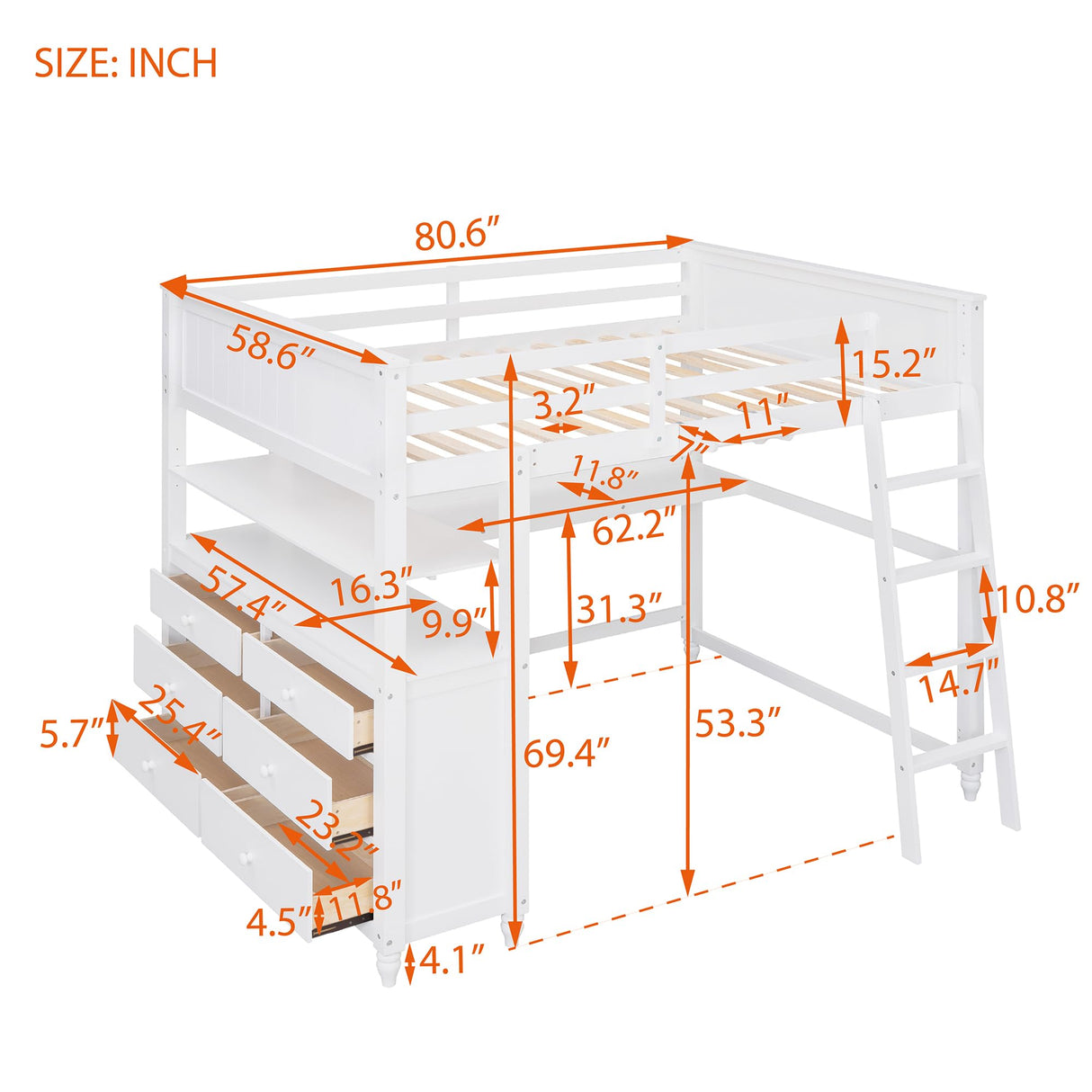 Harper & Bright Designs Full Size Loft Bed with Desk and Dresser, Wooden Loft Bed Full with Storage Drawers and Shelves for Kids Teens Adults, No Box Spring Needed,White Harper & Bright Designs