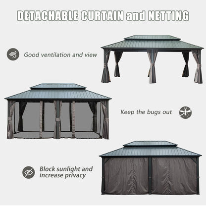 Domi 12’ X 20’ Hardtop Gazebo Canopy with Netting & Curtains, Outdoor Aluminum Gazebo with Galvanized Steel Double Roof for Patio Lawn and Garden, Gray - WoodArtSupply