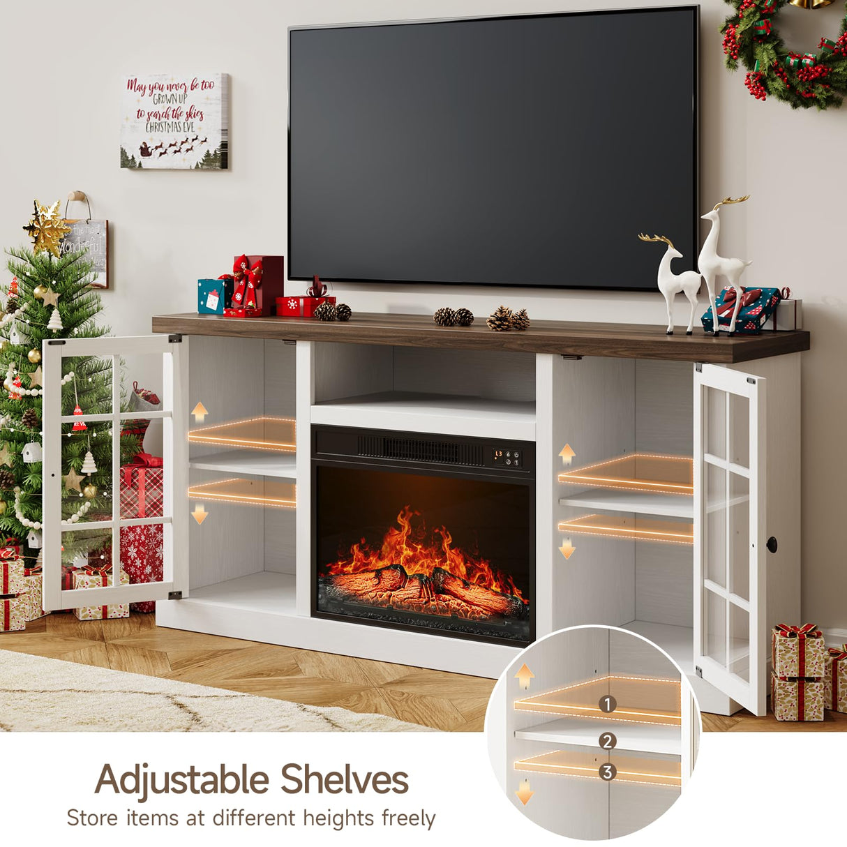 ONBRILL 59" Fireplace TV Stand, Entertainment Center with 23" Electric Fireplace, TV Table for TVs up to 65 Inch, Media Console Cabinet with Storage and Glass Doors for Living Room,Wood White ONBRILL