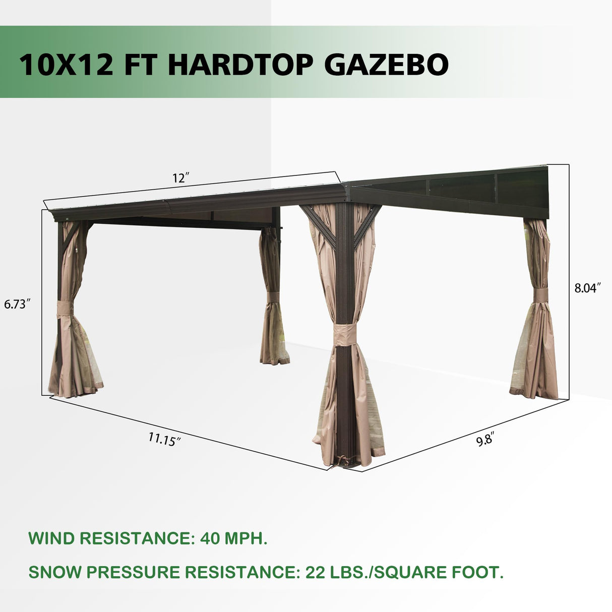 SHPAI 10’ x 12’ Lean to Gazebo, Outdoor Wall Mounted Gazebo Aluminum Frame, Hardtop Pergola with Galvanized Steel Sloping Roof for Patio Deck Garden Backyard, Curtain and Netting Included SHPAI