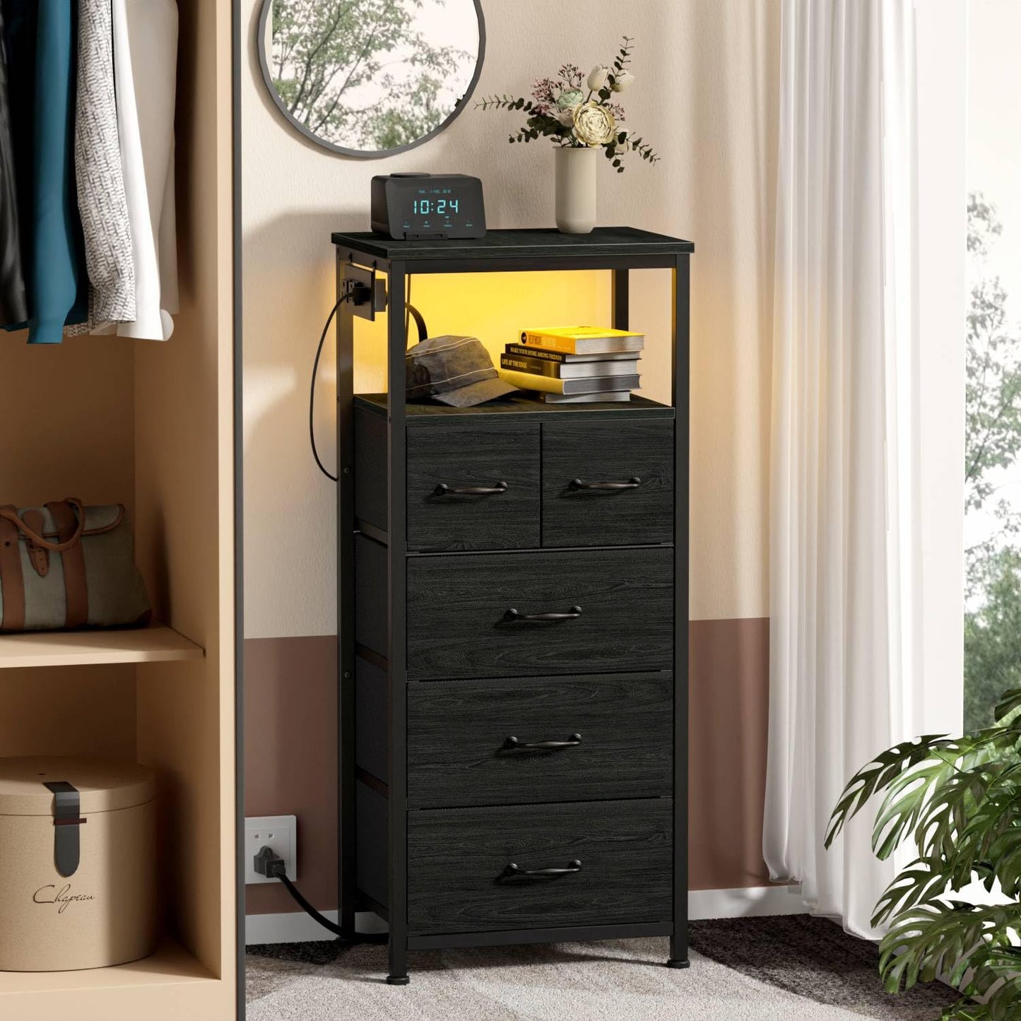 Furnulem Vertical Dresser with Charging Station and LED Lights, Black Chest of Drawers with Shelf and 5 Fabric Bins, Tall Nightstand for Entryway, Closet, Bedside Table, Wood Top, Bedroom Fur - WoodArtSupply