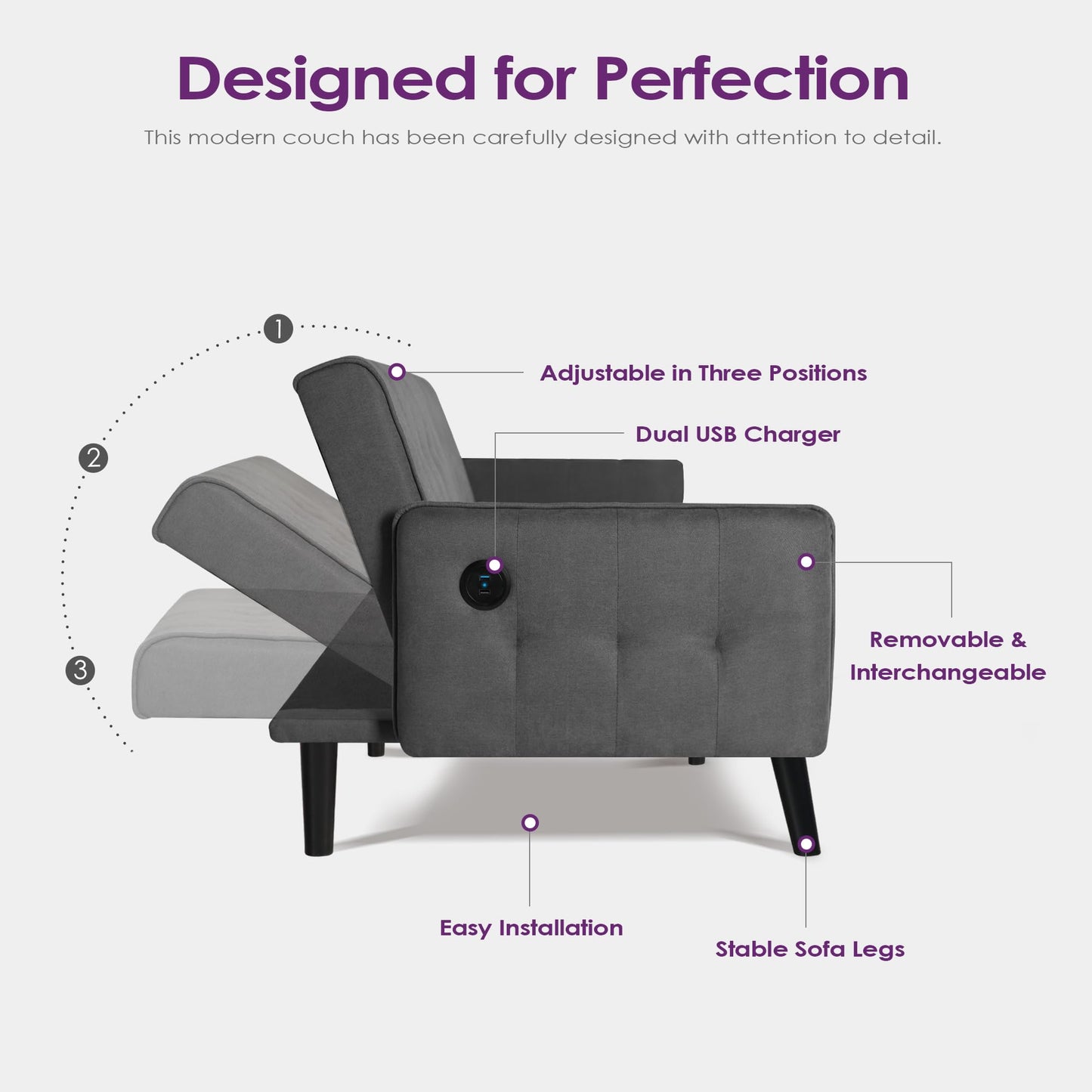 TYBOATLE 65“ Convertible Futon Sofa Bed w/ 2 USB, Upholstered Tufted Small Adjustable Folding Couch Loveseat, Modern Mid Century Sleeper Sofa for Living Room, Bedroom, Apartment, Office (Dark Grey)