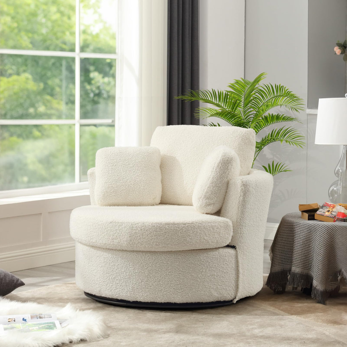 Swivel Barrel Chair, Modern Fabric Oversized 360 Degree Club Accent Arm Chairs, Single Round Living Room Sofa Chair w/ 3 Pillows for Nursery, Bedroom, Reading, Office, Ivory JEEOHEY