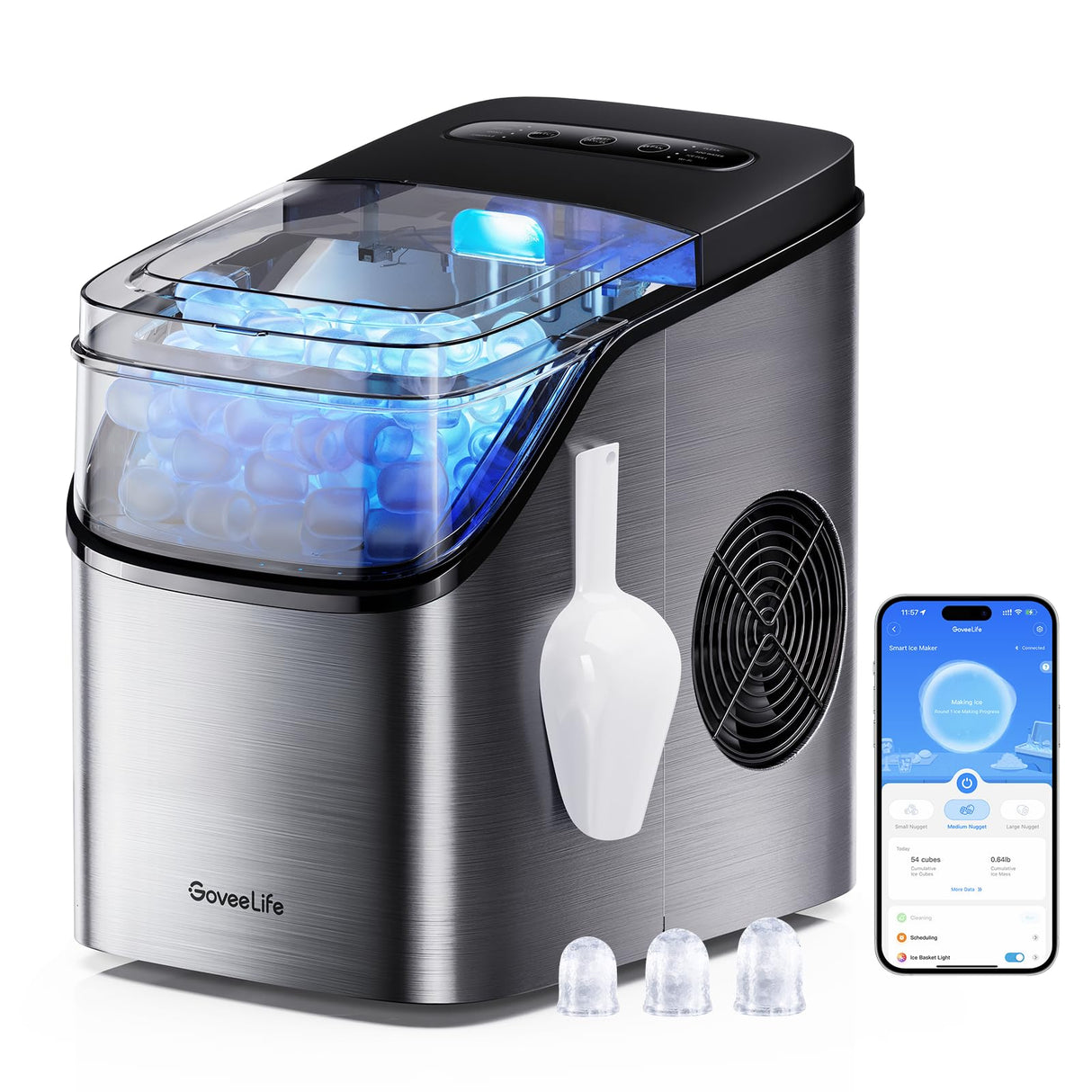 GoveeLife Smart Ice Maker Countertop, Portable Ice Machine with Voice Control, 9 Ice Cubes in 6 Minutes 3 Sizes, 26lbs/24Hrs, Self Cleaning RGB Lights, Quiet Ice Maker with Scoop for Kitchen Silver GoveeLife