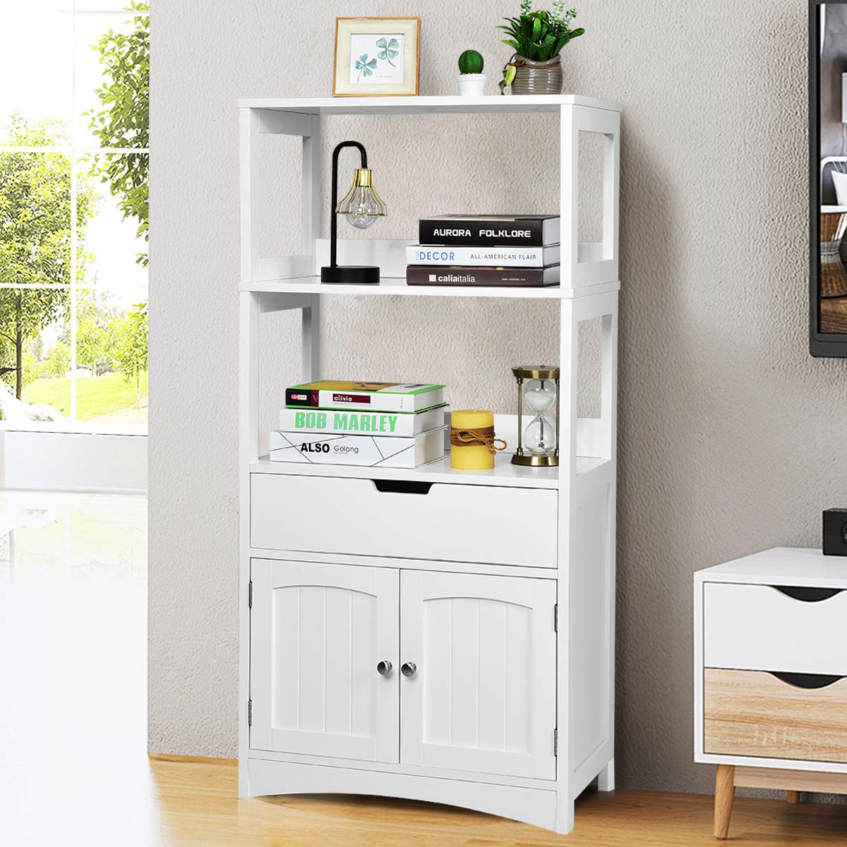 Tangkula Bathroom Floor Cabinet with Drawer, 2 Open Shelves and Door Cupboard, Multipurpose Free Standing Storage Cabinet for Bathroom Kitchen Living Room, 24 x 13 x 48 inch (White) Tangkula