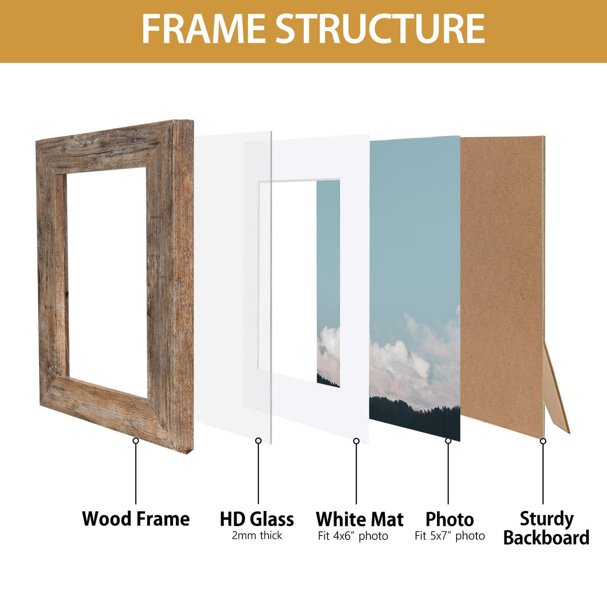 Califortree Rustic Brown 5x7 Picture Frame - Display Photos 4x6 with Mat or 5x7 Without Mat - HD Glass Inside, Wall and Tabletop - Set of 2 Califortree