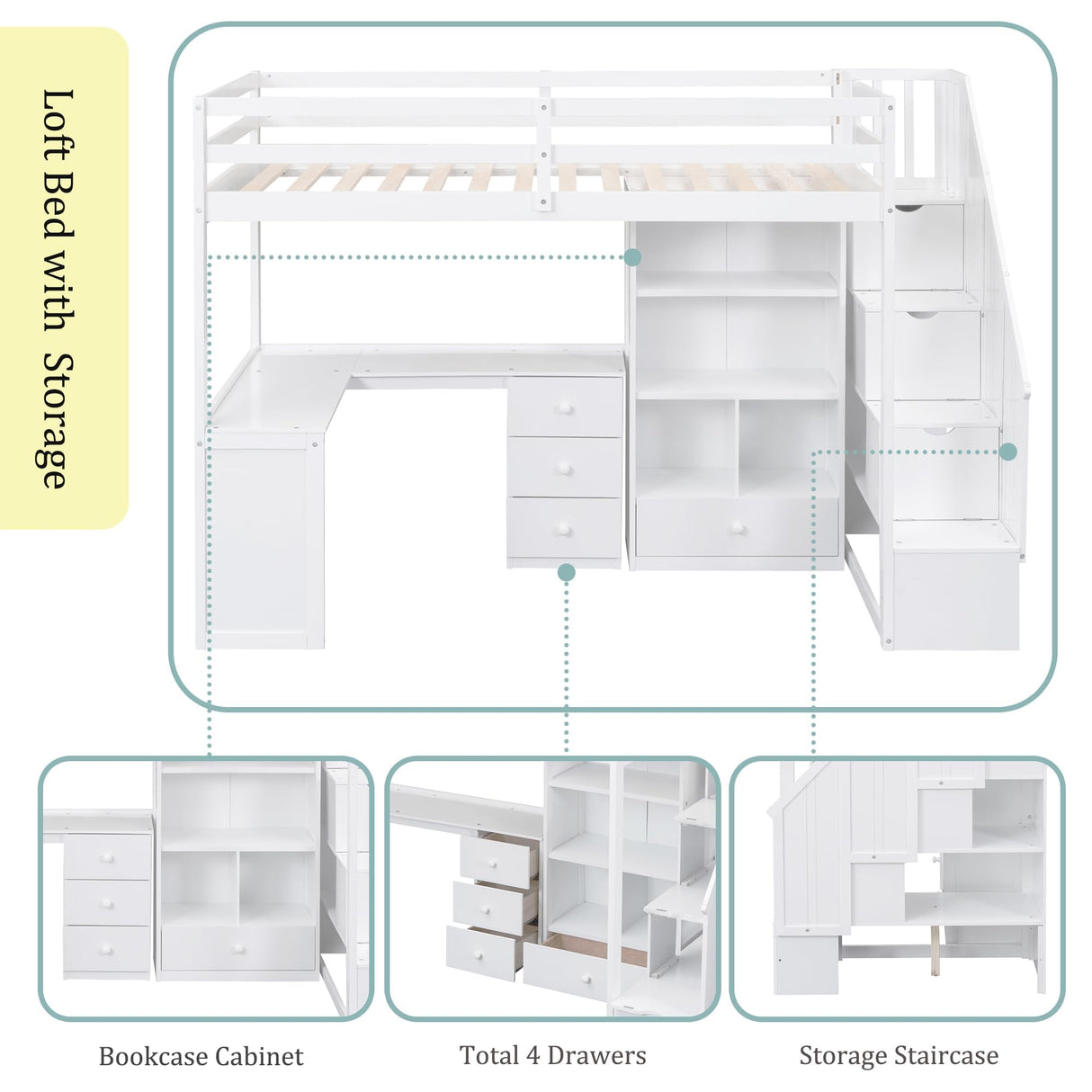 Linique Twin Loft Bed with 3-Drawers L-Shape Desk, Bookcase, Cabinet and Storage Staircase, Solid Wood Twin Bed Frame with Full Length Guardrail (White) Linique