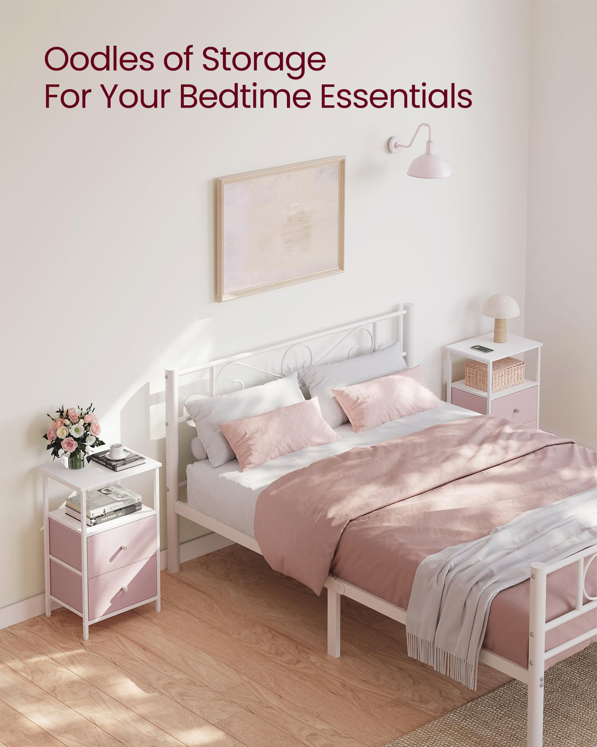 VASAGLE Nightstand, Side Table with 2 Fabric Drawers, 24-Inch Tall End Table with Storage Shelf, Bedroom, Jelly Pink and White ULGS025R05 VASAGLE