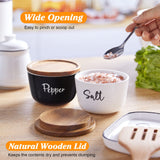 DAYYET Salt and Pepper Bowls, 10 oz Salt Cellar with Lid, Stacked Ceramic Salt Pepper Container with Acacia Wood Lid, Salt Box for Countertop, Black and White Kitchen Decor, Set of 2 DAYYET