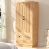 Wood Armoire Wardrobe Closet with Doors, Fluted Wardrobe Cabinet with 3 Drawers, Large Armoire Closet, Tall Clothing Storage Cabinet with Hanging Rod and Shelves, for Bedroom, Laundry, Natural Jluomei