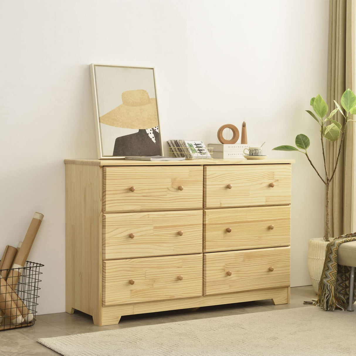 Better Home Products Solid Pine Wood 6 Drawer Double Dresser in Natural. Better Home Products