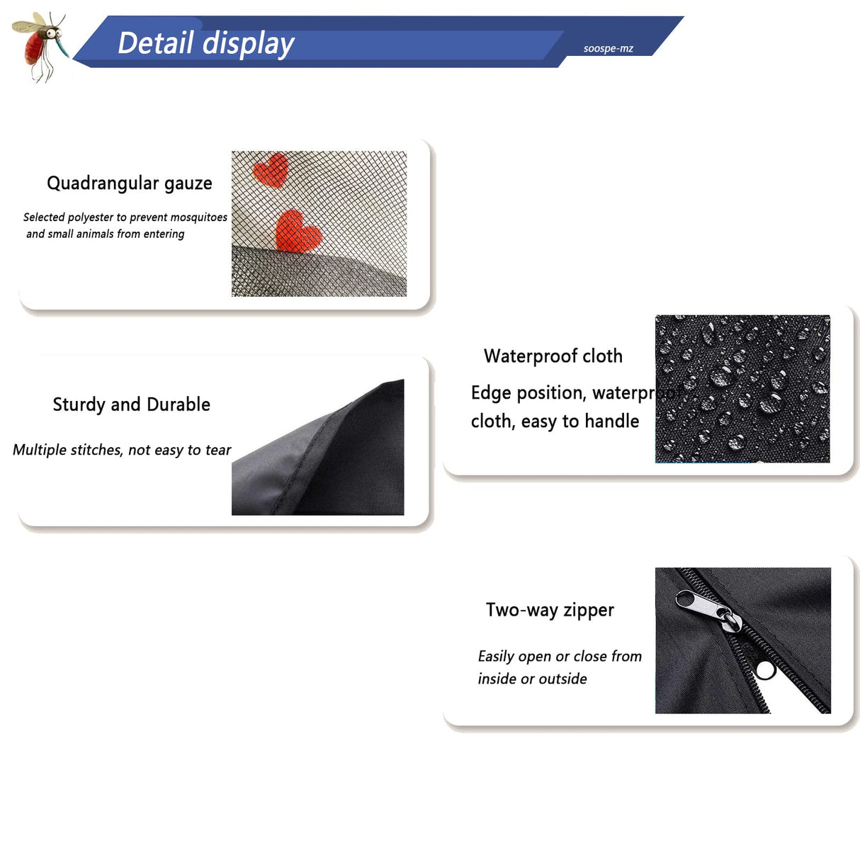 Mosquito Netting for 15FT Patio Umbrella Double-Sided, Screen Walls Zipper Double Door Black (for 15FT Umbrella) SOOSPE-MZ