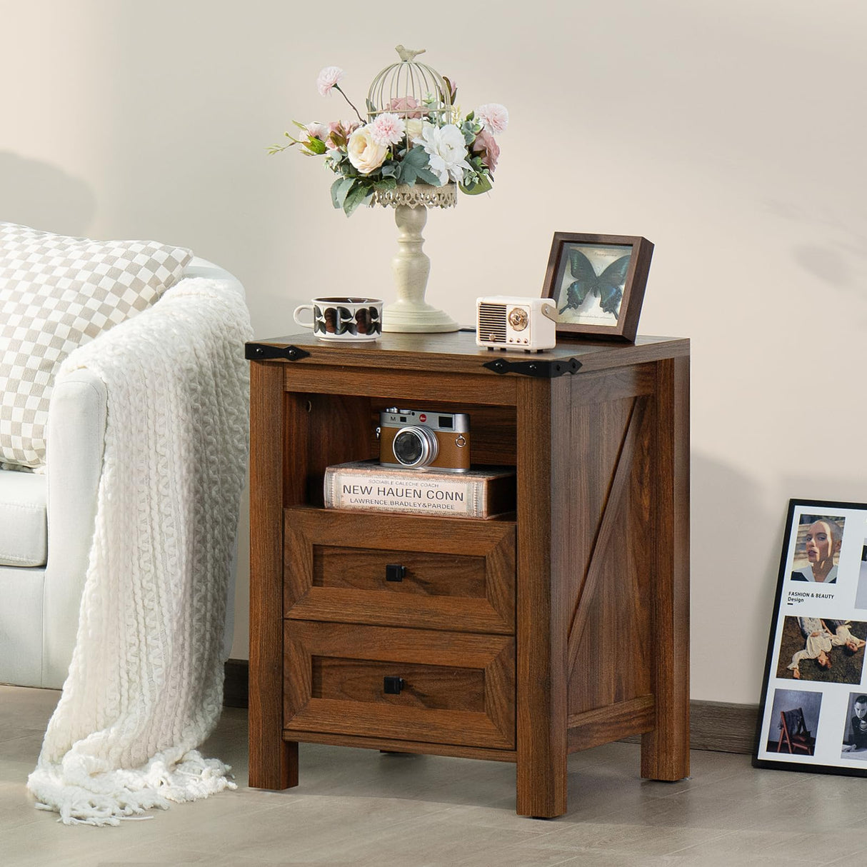 Joaxswe Nightstand with Charging Station and USB Port, Farmhouse Side End Table with 2 Drawers and Open Shelf, Wood Rustic Sofa Table, Bedside Cabinet for Bedroom, Living Room, Closet, Office(Brown) Joaxswe