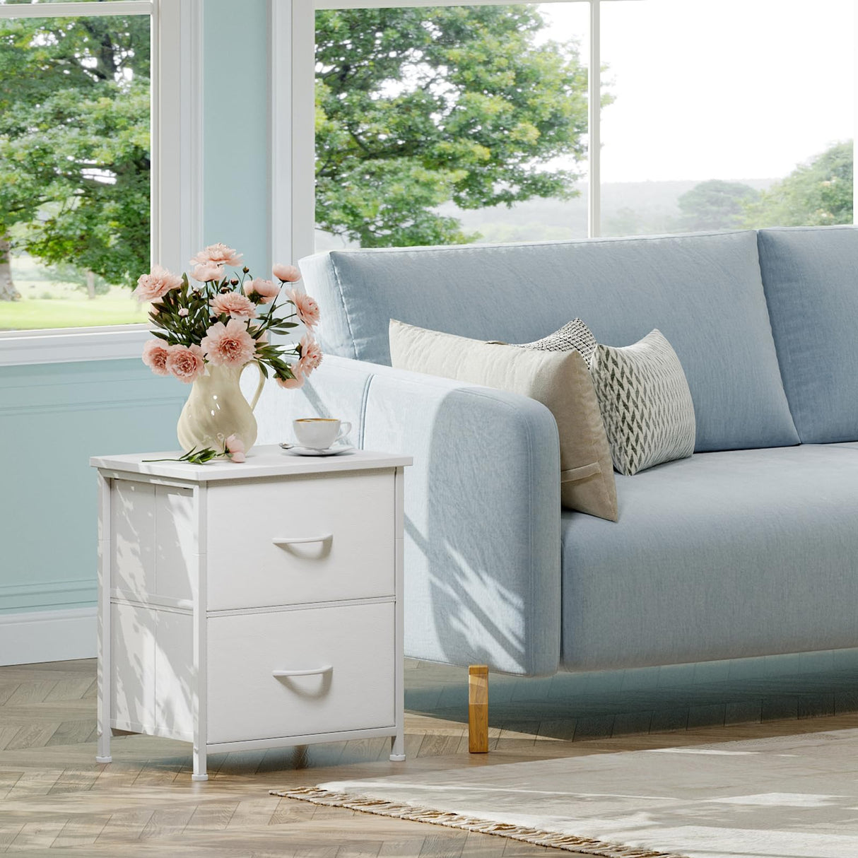 Somdot White Nightstand Set of 2, Small Dresser for Bedroom with 2 Drawers, Bedside Table Night Stand End Table with Fabric Bins for Bedroom Kids Closet Dorm Guest Room, White Leather Somdot