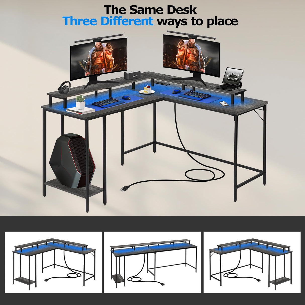 Panana 53.5" L Shaped Computer Desk Gaming Desk with LED Lights and Power Outlets, Reversible L Shaped Corner Desk with Monitor Stand, Home Office Desk with Shelf and USB Port (Grey) Panana
