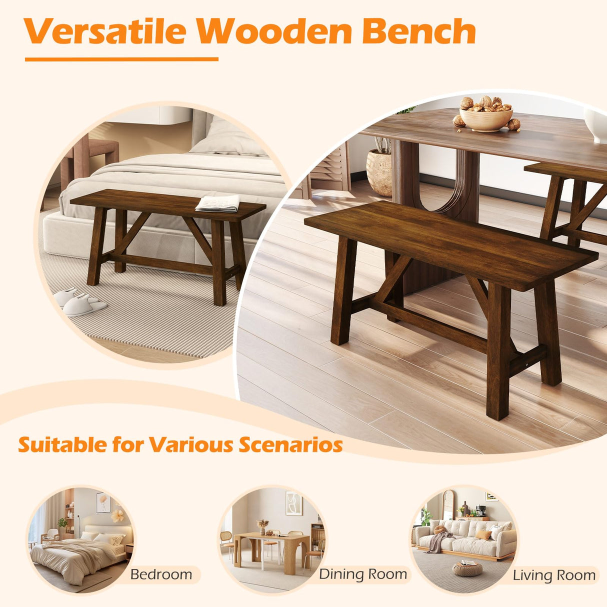 Giantex 38" Wooden Dining Bench, Farmhouse Entryway Bench with Rubber Wood Frame, 400 LBS Capacity, Shoe Rack Benchs, Narrow End of Bed Seat for Kitchen, Living Room, Bedroom, Hallway, Brown (1) Giantex