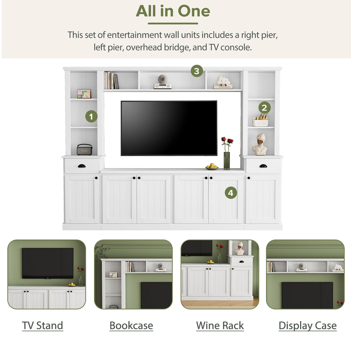 LUMISOL Modern Entertainment Wall Unit Set with Bridge for TVs Up to 75”, TV Stand Console Table with Adjustable Shelves, Large Media Console with Wine Cabinet, for Living Room, White LUMISOL