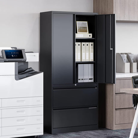 STANI 2 Drawer Lateral File Cabinet - Metal Storage Cabinet with Locking Drawers for Letter/A4 Size Files (Black) STANI
