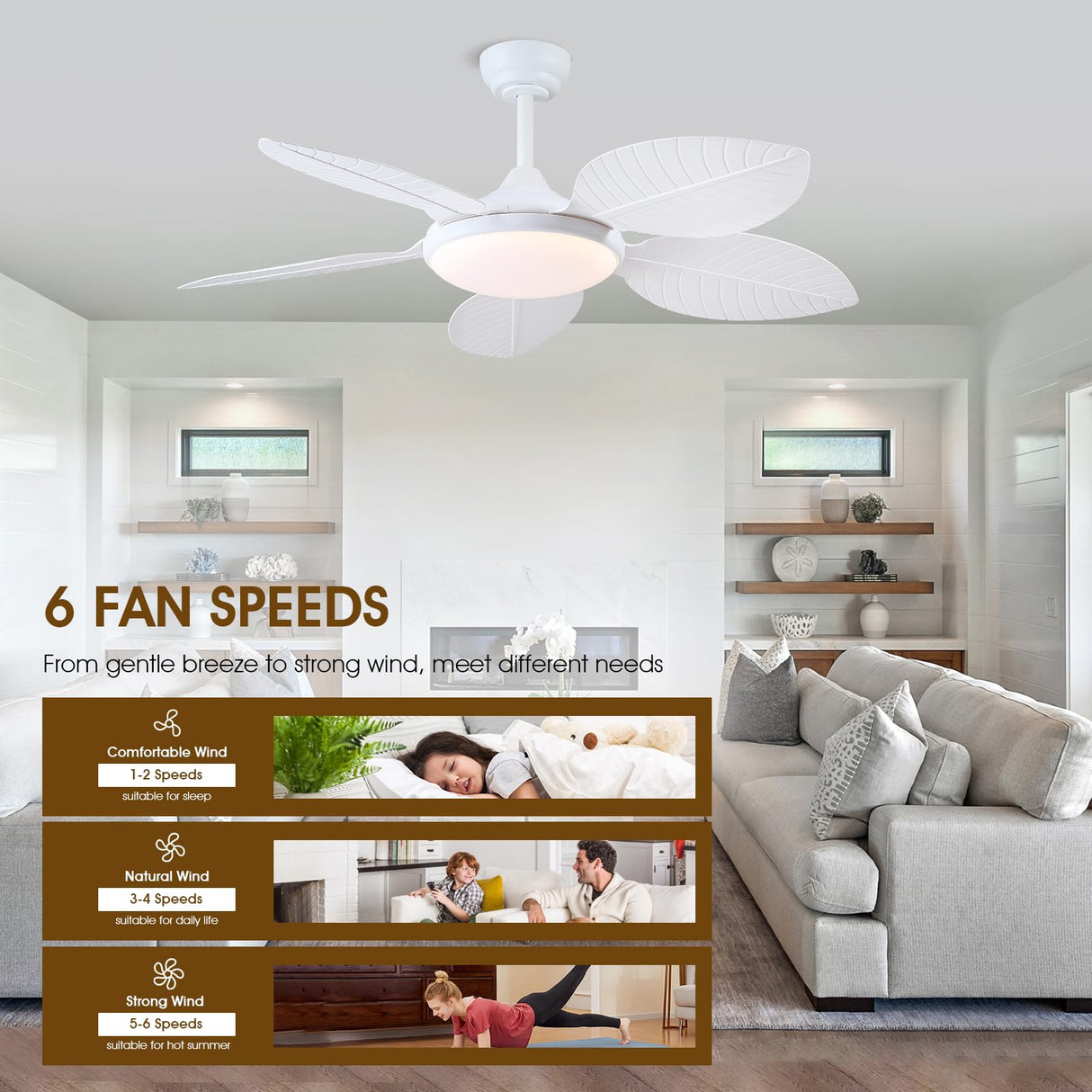 Wiviniya Ceiling Fans with Lights and Remote/APP Control, 48 Inch Tropical Ceiling Fan for Bedroom Living Room, Outdoor Palm Leaf Ceiling Fan for Patios Porch, Dimmable, 6 Speeds, Reversible, White Wiviniya