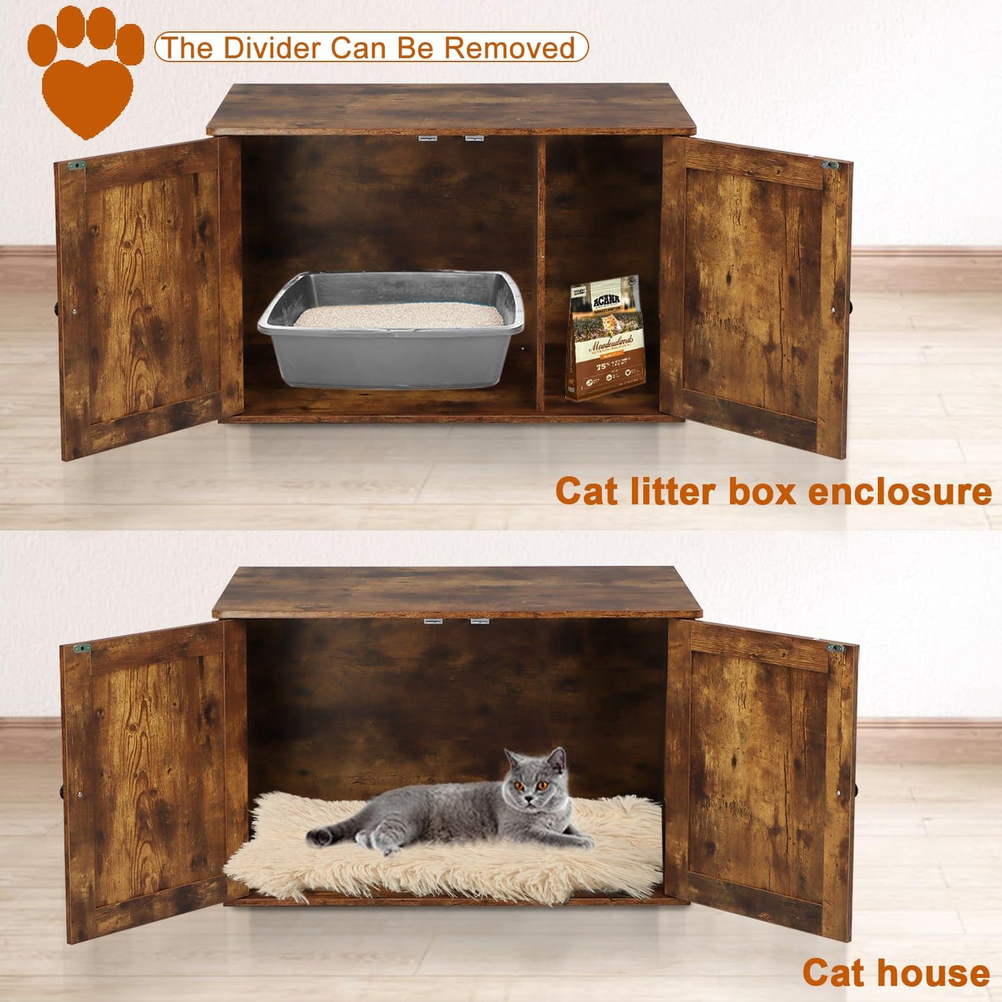 Timberer Cat Litter Box Enclosure, Litter Box Furniture Hidden with Removable Divider, Wooden Cat Washroom Furniture, Indoor Cat House, Rustic Brown - WoodArtSupply