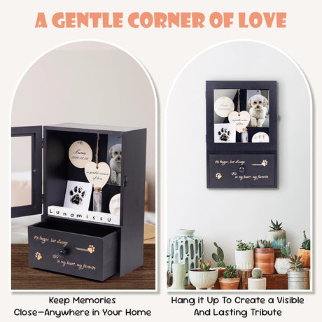 Pet Memorial Shadow Box 9"x13.4" with Deep Drawer, Keepsake Kit and Paw Print Set – Sympathy Display Frame for Dog & Cat in Loving Memory DigNew