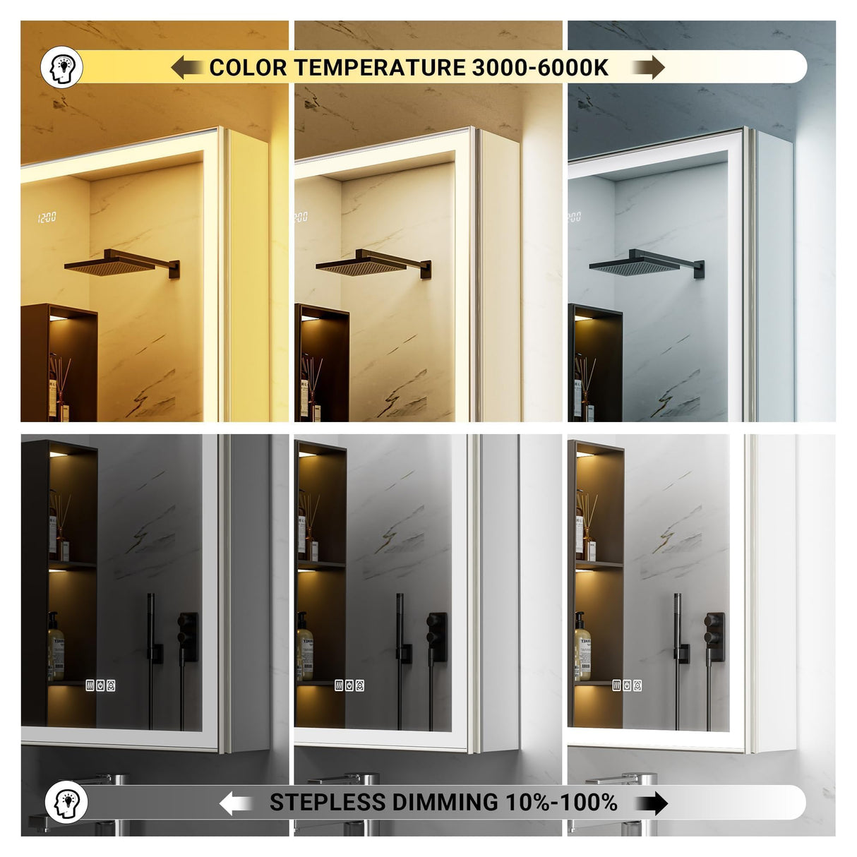 QueenFun 24x32 Lighted Medicine Cabinet with Mirror, Beveled Brushed Nickel Framed Surface or Recessed Fogless Dimmable LED Medicine Cabinet with Outlet, Time Display and Sensor Inner Light QueenFun