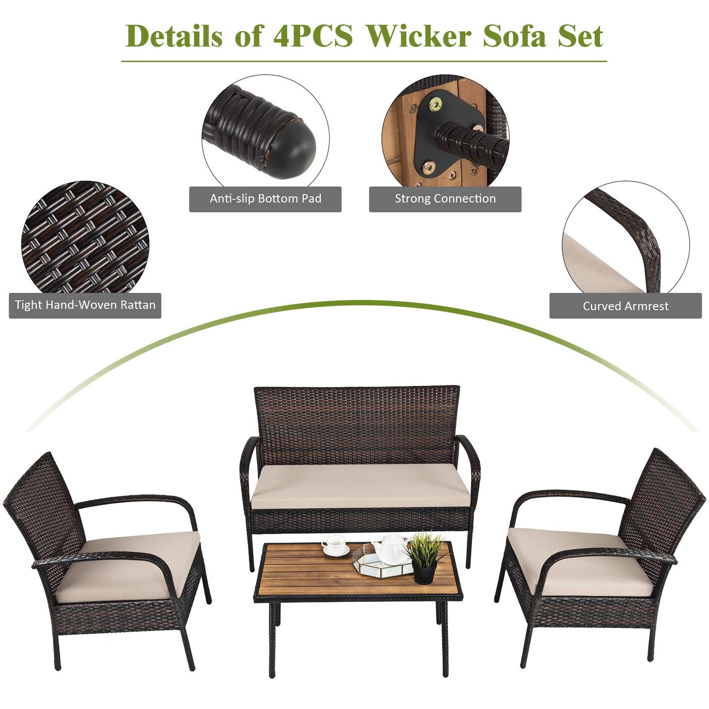 Tangkula 4 PCS Patio Rattan Furniture Set, Outdoor Conversation Set w/Cushions & Acacia Wood Coffee Tabletop, Sectional Sofa Set for Garden, Backyard, Poolside (1, Brown)