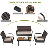 Tangkula 4 PCS Patio Rattan Furniture Set, Outdoor Conversation Set w/Cushions & Acacia Wood Coffee Tabletop, Sectional Sofa Set for Garden, Backyard, Poolside (1, Brown) Tangkula
