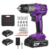 Brushless Cordless Drill Set, 20V Compact Power Drill Driver, Purple Brushless Electric Drill Motor, 20+3 Torque Setting, 48 N.m, 2 Variable Speed, 23pcs Drill/Driver Bits, with Tool Box BURGARDEN