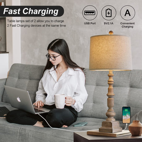 Oneach 27.75" Vintage Farmhouse USB Table Lamps Set of 2 for Living Room Bedroom Traditional Bedside Nightstand Lamp with Dual USB Port Resin Table Lamp with Rotary Switch for Living Room Bedroom Oneach