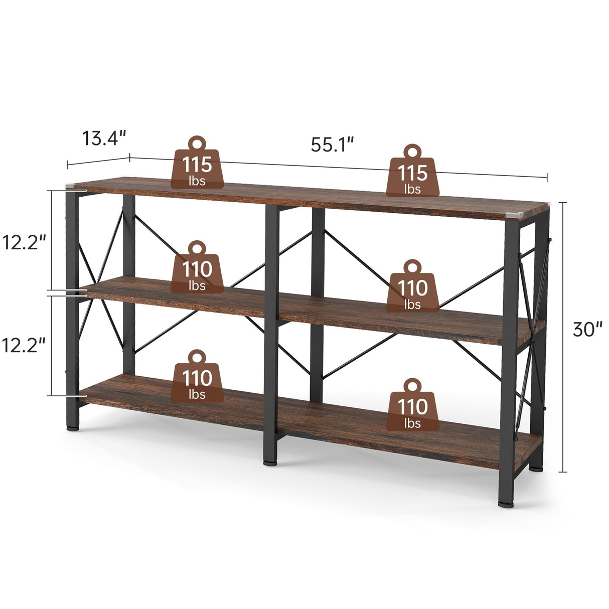 Skandiquip 55" 3 Tier Industrial Book Shelf, Free Standing Horizontal Low Metal Rustic Farmhouse Book Case with Wood Shelves for Home Office, Den, or Living Room Rustic Brown and Black Skandiquip