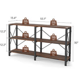 Skandiquip 55" 3 Tier Industrial Book Shelf, Free Standing Horizontal Low Metal Rustic Farmhouse Book Case with Wood Shelves for Home Office, Den, or Living Room Rustic Brown and Black Skandiquip