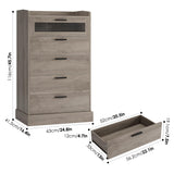 HOSTACK Modern 5 Drawer Dresser, Tall Dresser Chest of Drawers with Metal Handles, Wood Dressers Storage Cabinet with Anti-Drop Fence & Fluted Glass for Living Room, Entryway, Ash Gray HOSTACK