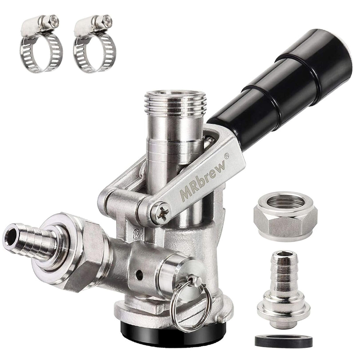 MRbrew All 304 Stainless Steel Keg Coupler, Commercial Sankey Kegerator D System Keg Tap Dispenser for I.D 5/16'' Draft Beer Line Gas Brewing Tubing with Check Valve Sealing Washer Hose Clamp MRbrew