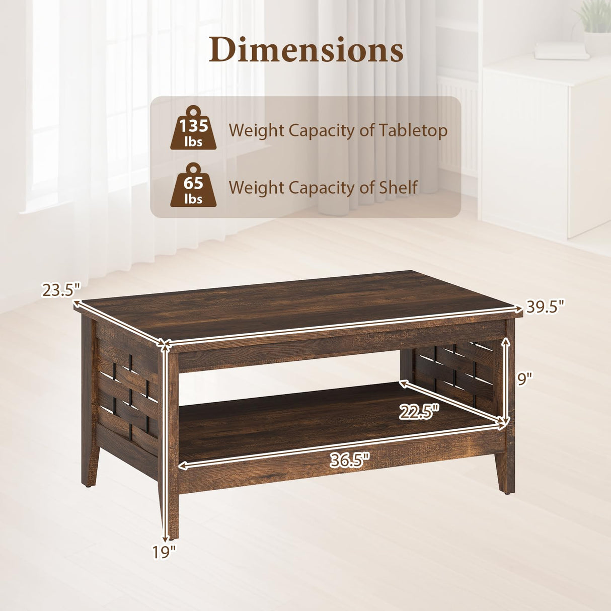 Giantex Farmhouse Coffee Table, 2-Tier Center Table with Storage Open Shelf & Woven Slatted Design, 39.5" Rectangular Accent Cocktail Table, Wood Coffee Tables for Living Room (Rustic Brown) Giantex