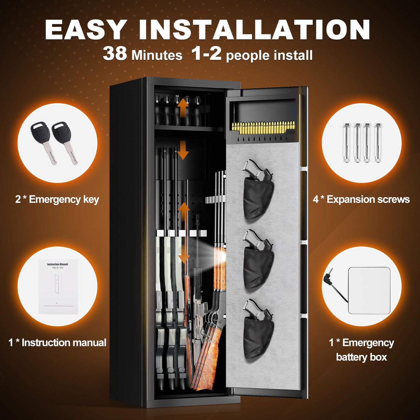 10-15 Gun Safes for Home Rifle and Pistols, Unassembled Gun Safe with Fingerprint Password and Alarm Function,Gun Cabinets with 3 Pistol Bags，Quick Access Safes with Removable Shelf for Shotguns