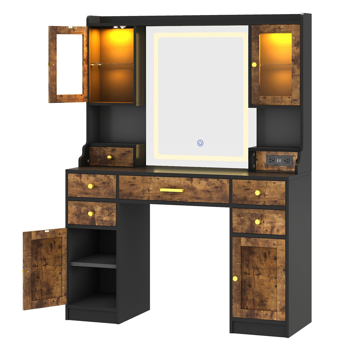 Vanity Desk with Mirror and Power Outlet, 41.3'' Large Make up Vanity Table with 6 Storage Drawers & RGB Cabinets, Dressing Table with 3 LED Lighting Modes Adjustable, for Girls, Women, Rustic Brown Aiguazi