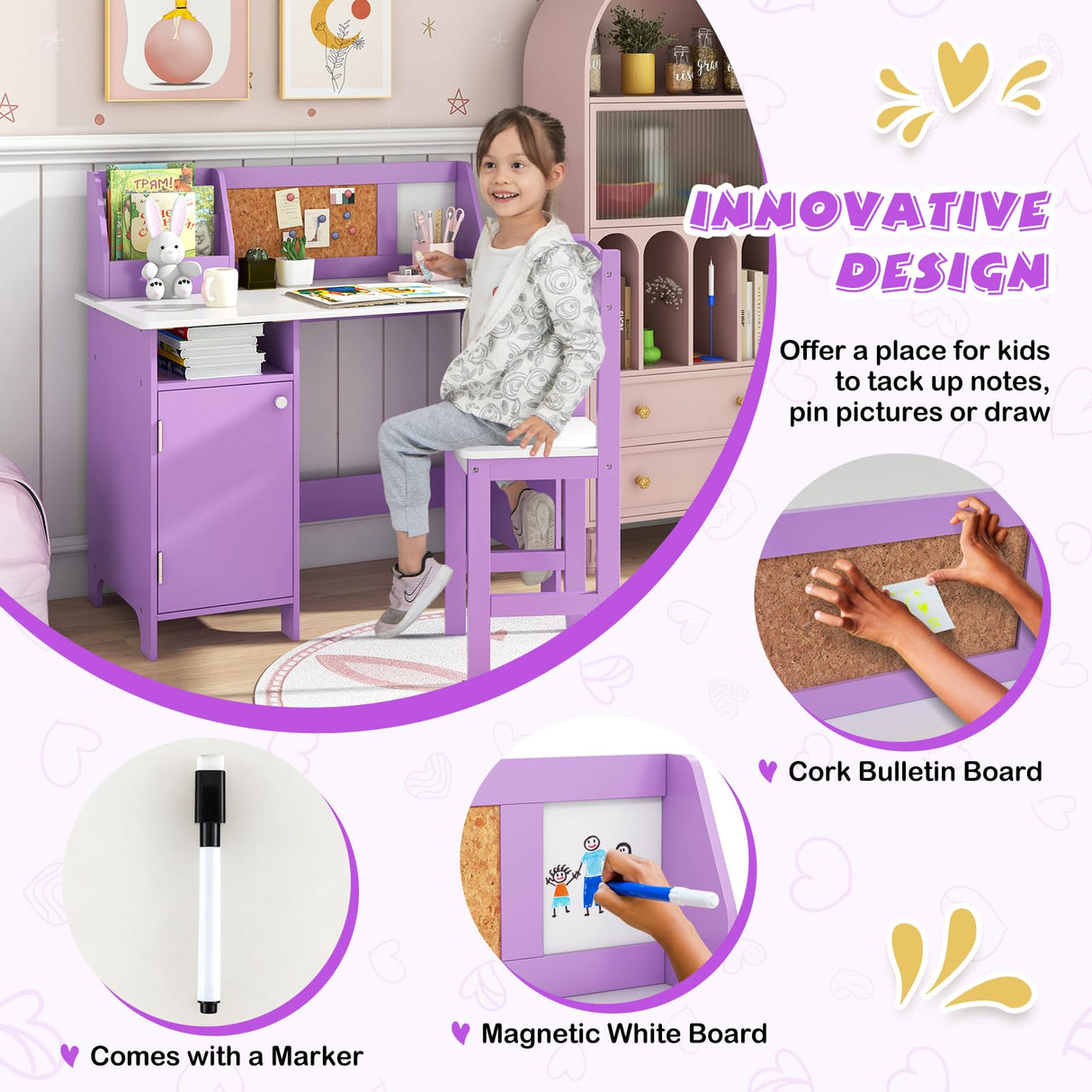 Costzon Kids Desk and Chair Set, Wooden Children Study Table with Storage, Hutch, Cork Bulletin Board, Whiteboard & Marker, Student Computer Workstation Writing Desk for Kids Bedroom, School, Purple Costzon