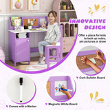Costzon Kids Desk and Chair Set, Wooden Children Study Table with Storage, Hutch, Cork Bulletin Board, Whiteboard & Marker, Student Computer Workstation Writing Desk for Kids Bedroom, School, Purple Costzon