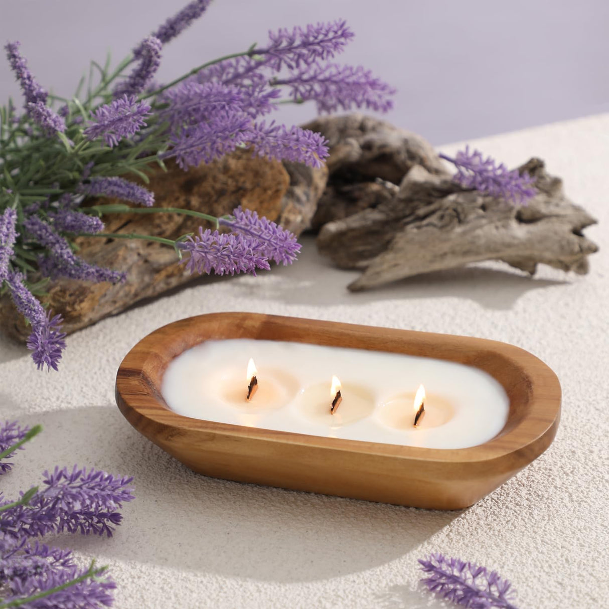 Wooden Bowl Candle 10 Inch, Soy Large Farmhouse Candle for Table, Lavender Scented, 3 Wood Wicks, Christmas Candle Gifts for Men & Women MIRASCENTS