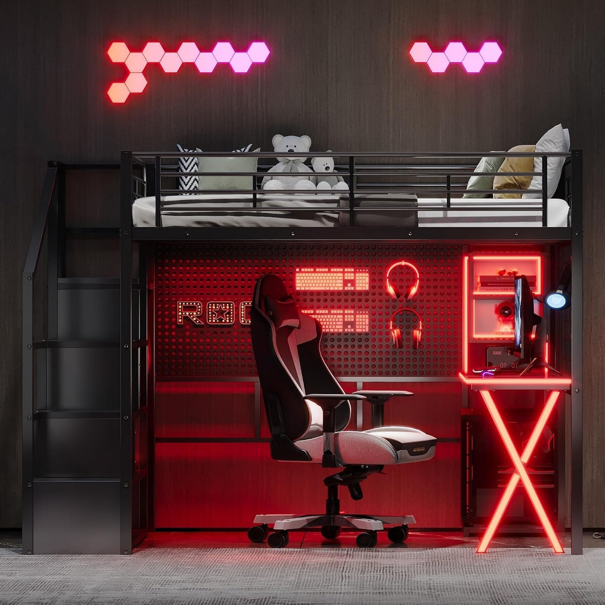 MERITLINE Full Gaming Loft Bed with Desk and Storage Wardrobe& LED RGB,Metal Gaming Bed with Stairs and Storage Case,for Adults Teens (Black) MERITLINE