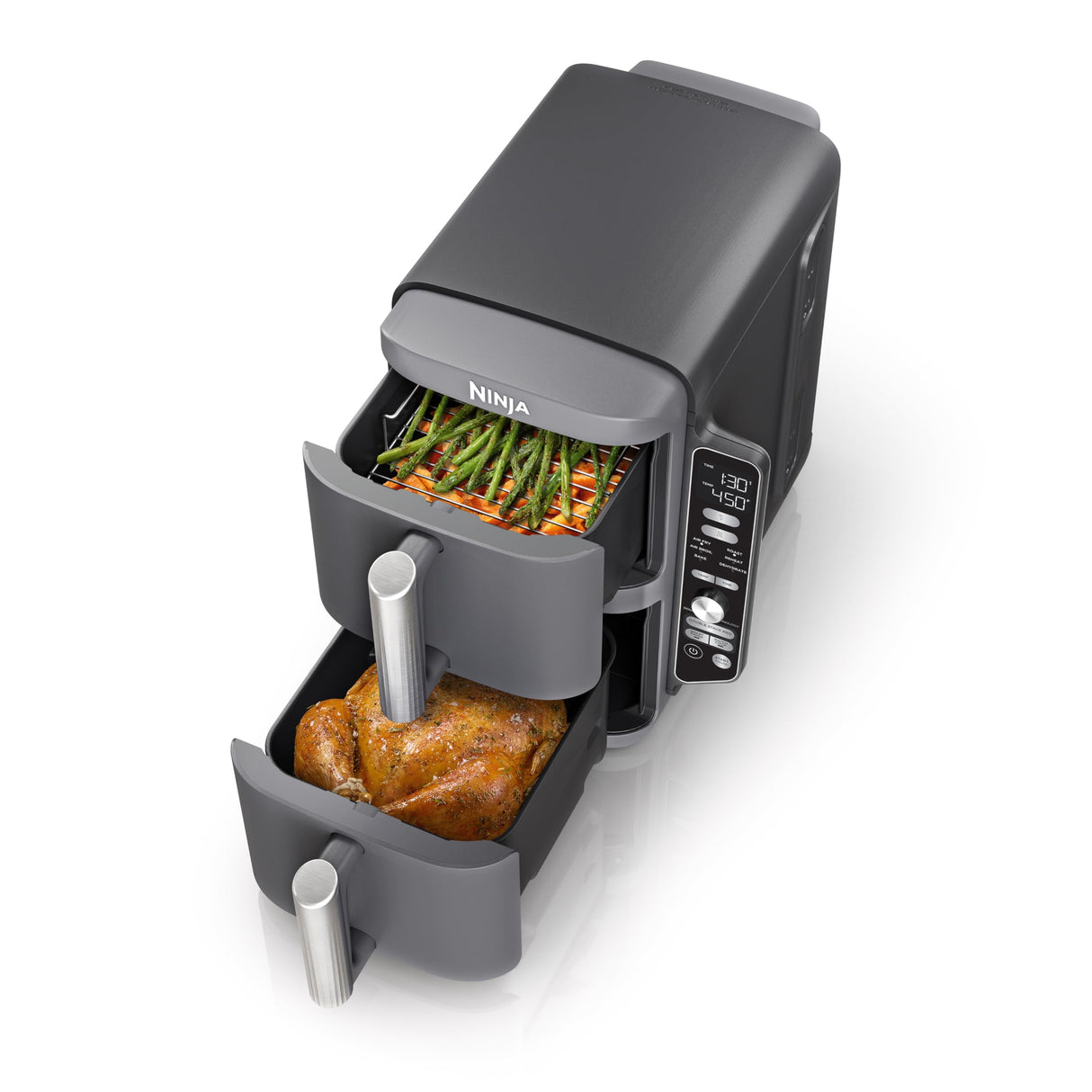 Ninja SL401 DoubleStack XL 2-Basket Air Fryer, DoubleStack Technology Cooks 4 Foods at Once, Compact Design, 10 QT, 6-in-1, Smart Finish & Match Cook, Air Fry, Broil, Bake, Easy Meals, Easy Clean,Grey Ninja