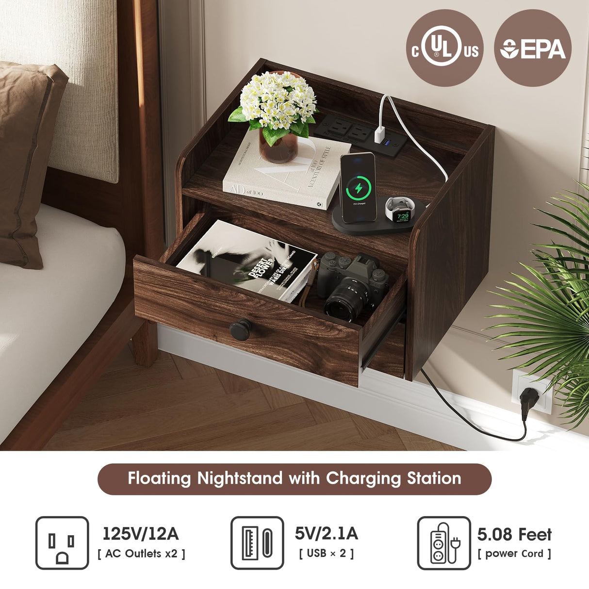 Floating Nightstand Set of 2 with 2 Storage Drawers and Charging Station Wood Wall Mounted Bedside End Table Modern Night Stands Set 2 for Bedroom,Small Space,Brown Walnut Vabches