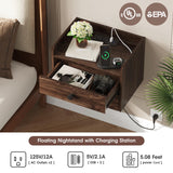 Floating Nightstand Set of 2 with 2 Storage Drawers and Charging Station Wood Wall Mounted Bedside End Table Modern Night Stands Set 2 for Bedroom,Small Space,Brown Walnut Vabches