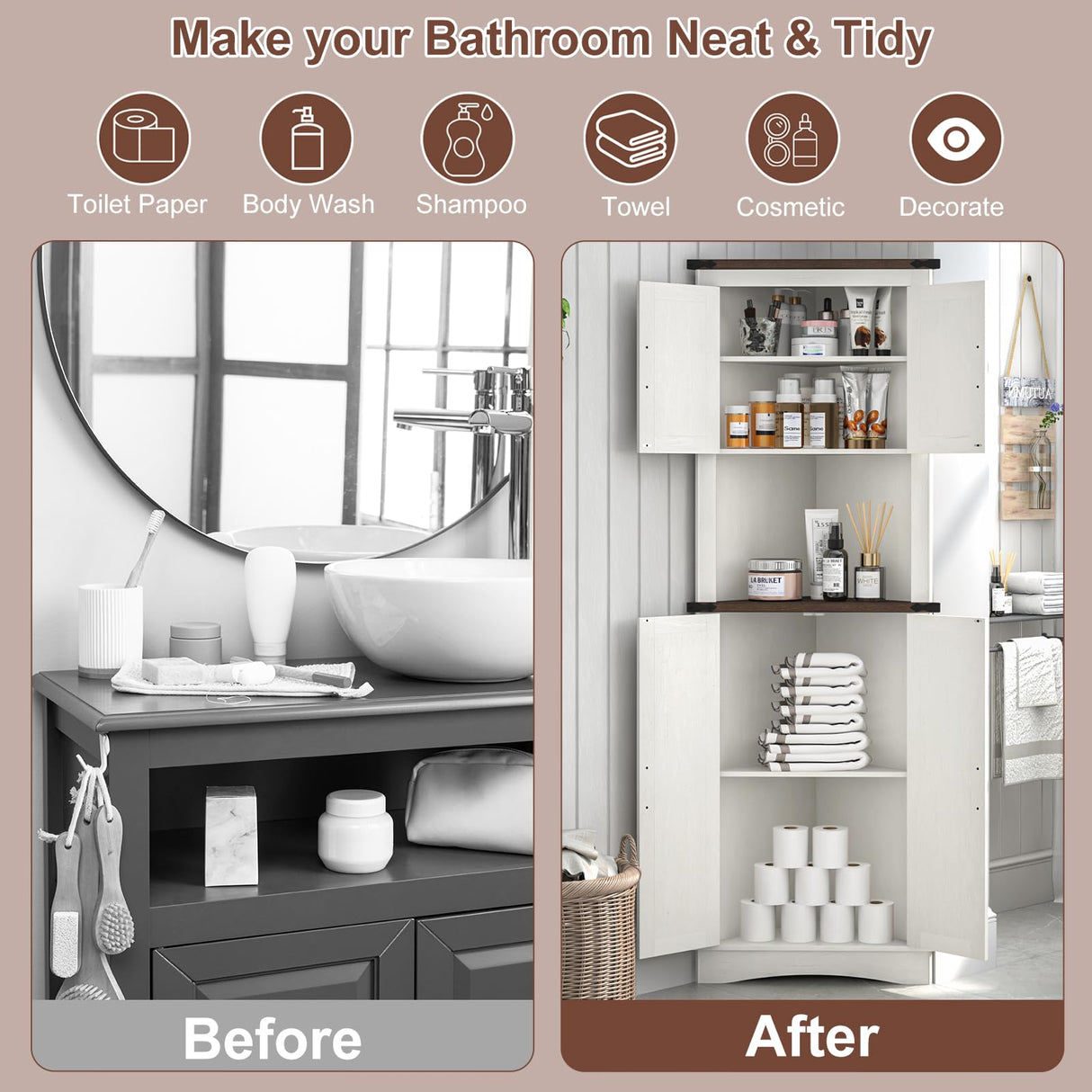 Hlivelood Farmhouse Corner Cabinet, 5-Tier Tall Storage Cabinet with 4 Barn Door & Adjustable Shelves, Bathroom Cabinet with Storage for Living Room, Kitchen, Bathroom, Rustic White Hlivelood