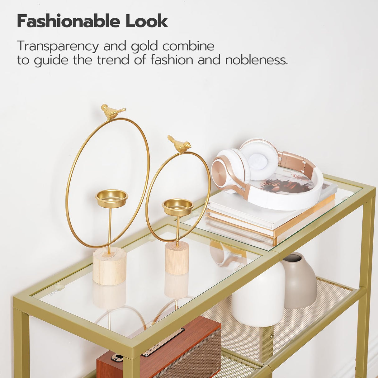 HOOBRO 29.5" Narrow Console Table, 3-Tier Tempered Glass Sofa Table, Small Side Table, Modern Entryway Table, for Entrance, Living Room, Foyer, Hallway Bedroom, Gold GD21XG01G1 HOOBRO