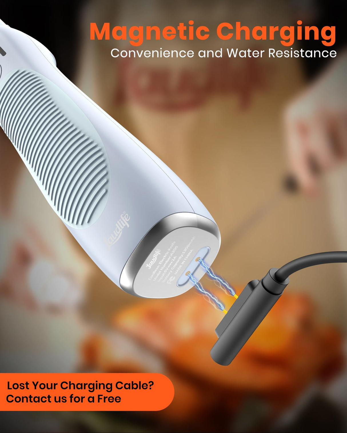 Electric Knife, Cordless Cutting Knifes, Ergonomic Design with Comfortable Contoured Grip Rechargeable Easy-Slice Electric Carving Knife for Meat Slicing, Bread, Fillet, Turkey, Blue LAUDLIFE